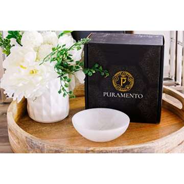 PURAMENTO Selenite Round Crystal Bowl - Large Handmade in Morocco Gem Bowl for Charging Crystals, Chakra Stones, Sage Smudging, Cleansing, Healing, Reiki, Wicca, Metaphysical and Meditation (5.5 Inch)