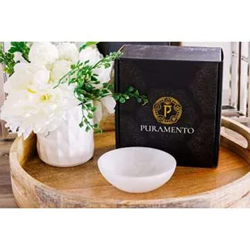 PURAMENTO Selenite Round Crystal Bowl - Large Handmade in Morocco Gem Bowl for Charging Crystals, Chakra Stones, Sage Smudging, Cleansing, Healing, Reiki, Wicca, Metaphysical and Meditation (5.5 Inch)