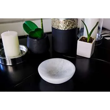 PURAMENTO Selenite Round Crystal Bowl - Large Handmade in Morocco Gem Bowl for Charging Crystals, Chakra Stones, Sage Smudging, Cleansing, Healing, Reiki, Wicca, Metaphysical and Meditation (5.5 Inch)