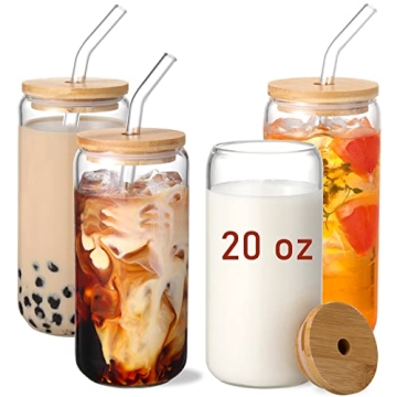 VITEVER 20 OZ Glass Cups with Bamboo Lids and Glass Straw - 4pcs Set Beer Shaped Drinking Glasses, I...