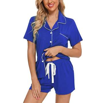 Pjmlifecoco Bridal Pajamas for Women Short Sleeve Button Down Pajama Shorts Set Summer Soft Pj Loungewear Royal Blue