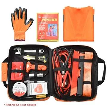 SlimK Roadside Emergency Car Kit with Jumper Cables, Heavy-Duty Tow Rope, Tire Pressure Gauge & Other Important Car Tool Kit - Durable & Organized Car Emergency Kit
