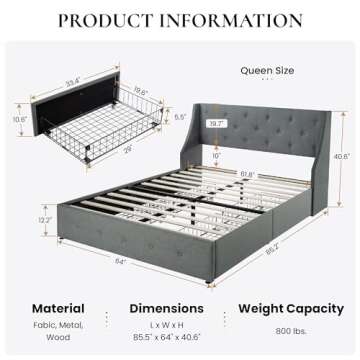 SHA CERLIN Upholstered Queen Size Platform Bed Frame with 4 Storage Drawers and Wingback Headboard, ...