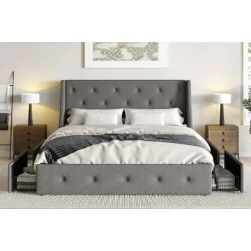SHA CERLIN Upholstered Queen Size Platform Bed Frame with 4 Storage Drawers and Wingback Headboard, Diamond Stitched Button Tufted Design, No Box Spring Needed, Light Grey