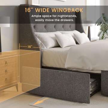 SHA CERLIN Upholstered Queen Size Platform Bed Frame with 4 Storage Drawers and Wingback Headboard, Diamond Stitched Button Tufted Design, No Box Spring Needed, Light Grey