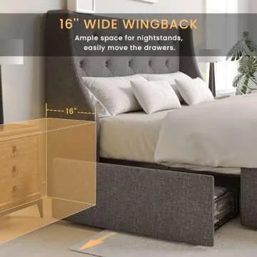 SHA CERLIN Upholstered Queen Size Platform Bed Frame with 4 Storage Drawers and Wingback Headboard, Diamond Stitched Button Tufted Design, No Box Spring Needed, Light Grey