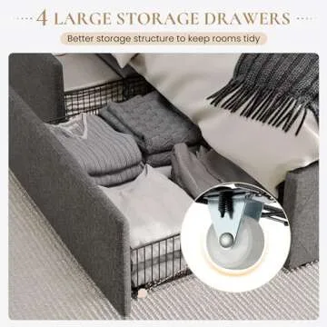 SHA CERLIN Upholstered Queen Size Platform Bed Frame with 4 Storage Drawers and Wingback Headboard, Diamond Stitched Button Tufted Design, No Box Spring Needed, Light Grey