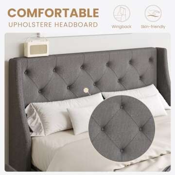 SHA CERLIN Upholstered Queen Size Platform Bed Frame with 4 Storage Drawers and Wingback Headboard, Diamond Stitched Button Tufted Design, No Box Spring Needed, Light Grey