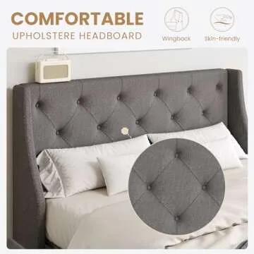 SHA CERLIN Upholstered Queen Size Platform Bed Frame with 4 Storage Drawers and Wingback Headboard, Diamond Stitched Button Tufted Design, No Box Spring Needed, Light Grey