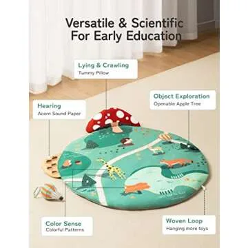 Baby Play Mat, Besrey 7 in 1 Thicker Baby Play Gym, 5 Zoo Theme Developmental Toys Activity Gym Mat, 2 Replaceable Washable Mat Cover, Soft Pillow & Cushion, Tummy Time Mat for Toddler Infant Newborn