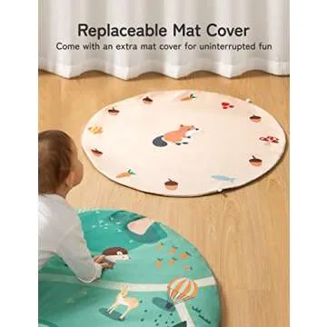 Baby Play Mat, Besrey 7 in 1 Thicker Baby Play Gym, 5 Zoo Theme Developmental Toys Activity Gym Mat, 2 Replaceable Washable Mat Cover, Soft Pillow & Cushion, Tummy Time Mat for Toddler Infant Newborn