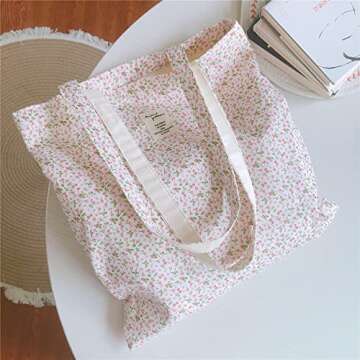 Kehpish Cotton Canvas Tote Bag Reusable Soft Grocery Cloth Bag Floral Shoulder Bag for Beach Travel ...