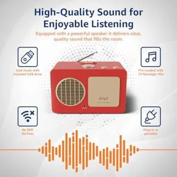 SMPL One-Touch Music Player & Radio for Seniors - Audiobooks, MP3 Player Sound, Durable Wooden Enclosure, Retro Look, 8GB USB with 75 Nostalgic Hits - Live Support (Red)