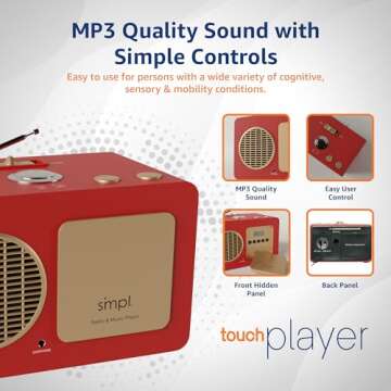 SMPL One-Touch Music Player & Radio for Seniors - Audiobooks, MP3 Player Sound, Durable Wooden Enclosure, Retro Look, 8GB USB with 75 Nostalgic Hits - Live Support (Red)
