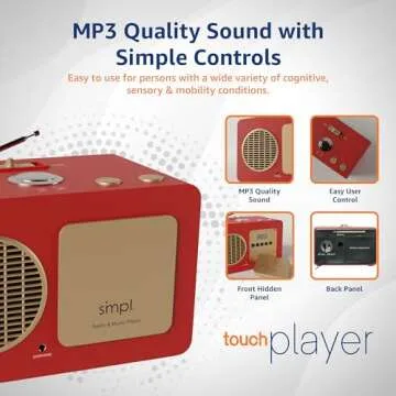 SMPL One-Touch Music Player & Radio for Seniors - Audiobooks, MP3 Player Sound, Durable Wooden Enclosure, Retro Look, 8GB USB with 75 Nostalgic Hits - Live Support (Red)