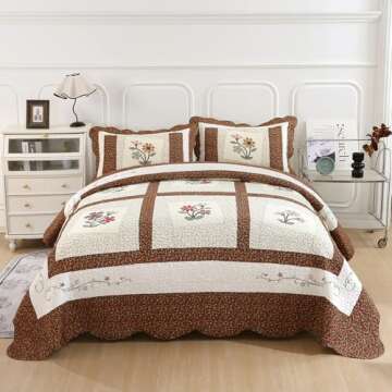 vctops 3 Piece Embroidered Floral Quilted Bedspread Quilt Set 100% Cotton Reversible Patchwork Coverlet Set 1 Quilt and 2 Pillow Shams (Coffee,Queen)