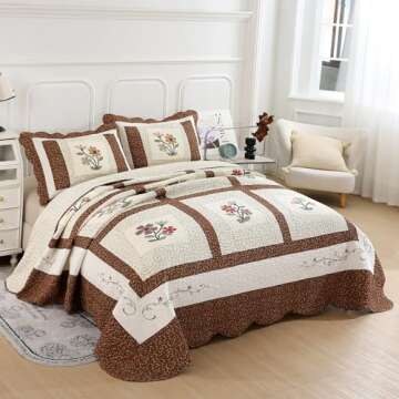 vctops 3 Piece Embroidered Floral Quilted Bedspread Quilt Set 100% Cotton Reversible Patchwork Coverlet Set 1 Quilt and 2 Pillow Shams (Coffee,Queen)