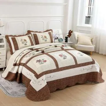 vctops 3 Piece Embroidered Floral Quilted Bedspread Quilt Set 100% Cotton Reversible Patchwork Coverlet Set 1 Quilt and 2 Pillow Shams (Coffee,Queen)
