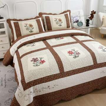 vctops 3 Piece Embroidered Floral Quilted Bedspread Quilt Set 100% Cotton Reversible Patchwork Coverlet Set 1 Quilt and 2 Pillow Shams (Coffee,Queen)