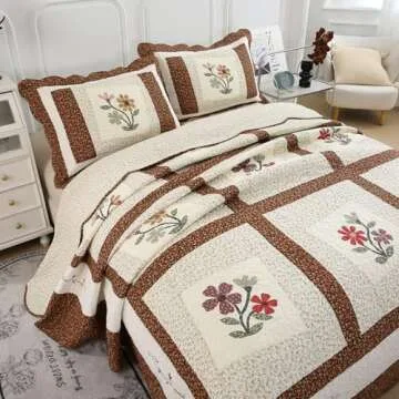 vctops 3 Piece Embroidered Floral Quilted Bedspread Quilt Set 100% Cotton Reversible Patchwork Coverlet Set 1 Quilt and 2 Pillow Shams (Coffee,Queen)