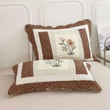 vctops 3 Piece Embroidered Floral Quilted Bedspread Quilt Set 100% Cotton Reversible Patchwork Coverlet Set 1 Quilt and 2 Pillow Shams (Coffee,Queen)