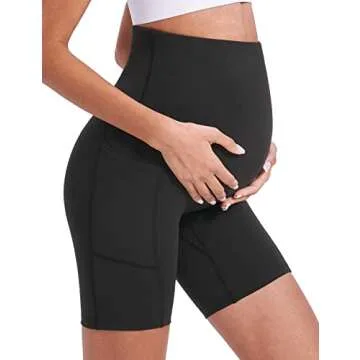Enerful Women's Maternity Biker Shorts Over The Belly Buttery Soft Workout Running Yoga Active Pants with Pockets 8" Black Small