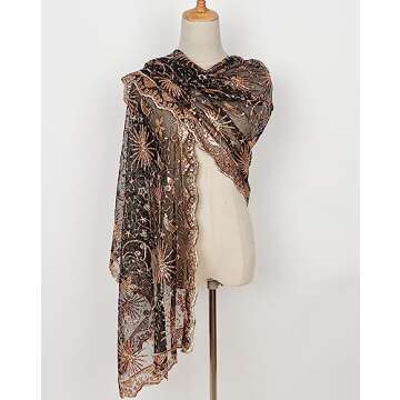 L'VOW Women's Glittering 1920s Scarf Mesh Sequin Wedding Cape Fringed Evening Shawl Wrap(S4-Black&Go...