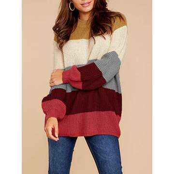 Imily Bela Womens Oversized Chunky Color Block Cable Knitted Crew Pullover Sweaters Red
