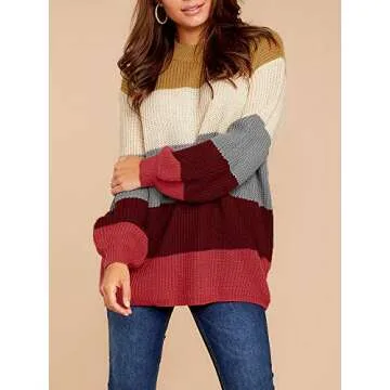 Imily Bela Womens Oversized Chunky Color Block Cable Knitted Crew Pullover Sweaters Red