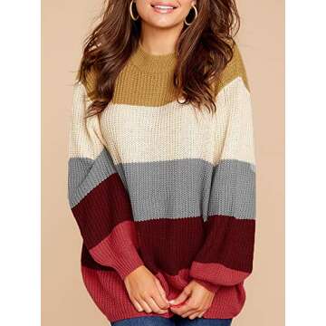 Imily Bela Womens Oversized Chunky Color Block Cable Knitted Crew Pullover Sweaters Red