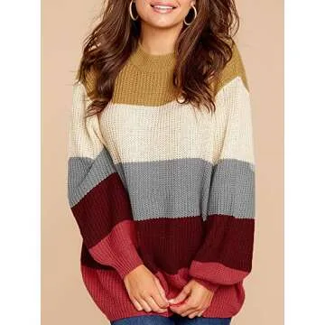 Imily Bela Womens Oversized Chunky Color Block Cable Knitted Crew Pullover Sweaters Red