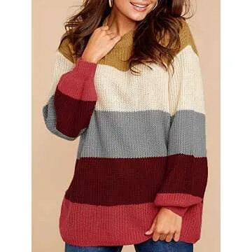 Imily Bela Womens Oversized Chunky Color Block Cable Knitted Crew Pullover Sweaters Red