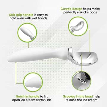 Spring Chef White Commercial Ice Cream Scoop with Comfortable Handle - Heavy Duty Metal Ice Cream Scooper for Frozen Yogurt, Gelato, Sorbet, Melon, Sundae - Dishwasher Safe Kitchen Tool