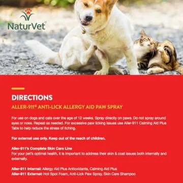 NaturVet Aller-911 Anti-Lick Paw Spray for Dogs & Cats – Includes Aloe Vera – Helps Sooth Itchy Paws, Offers Dog & Cat Allergy Support – Helps Discourage Pet Licking – 8 Oz. Spray