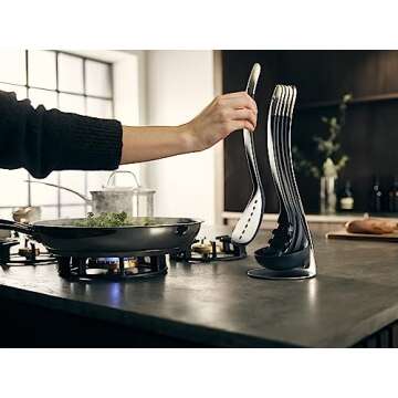 Joseph Joseph Nest 5 Compact Stacking Utensils kitchen tool set with magnetic storage stand, organization, dishwasher safe - Black/Stainless Steel