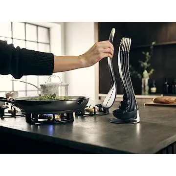 Joseph Joseph Nest 5 Compact Stacking Utensils kitchen tool set with magnetic storage stand, organization, dishwasher safe - Black/Stainless Steel