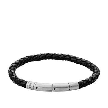 Fossil Men's Black/Silver Braided Leather Bracelet