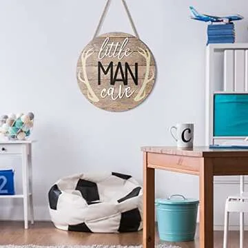 Blulu Little Man Cave Sign 12 x 12 Inch Little Man Cave Decoration for Nursery Wooden Wall Room Wall Decor Rustic Round Wood Sign Decor