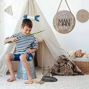 Blulu Little Man Cave Sign 12 x 12 Inch Little Man Cave Decoration for Nursery Wooden Wall Room Wall Decor Rustic Round Wood Sign Decor