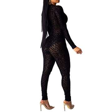Uni Clau Women See Through Bodycon Jumpsuit - One Piece Deep V Neck Outfits Sheer Mesh Leopard Clubw...