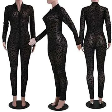 Uni Clau Women See Through Bodycon Jumpsuit - One Piece Deep V Neck Outfits Sheer Mesh Leopard Clubwear Jumpsuit Rompers Black XL