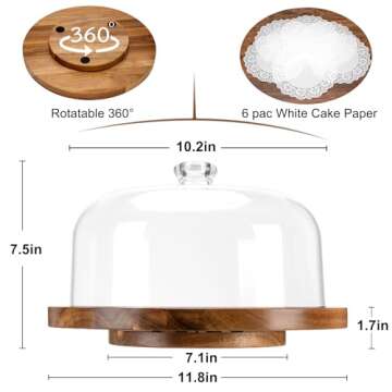 Bellsal Rotating Cake Stand with Clear Acrylic Dome Lid, Acacia Wood Cake Holder with Lid, Cake Plate with Lid for Baking Gifts, Cake Display Server Tray for Birthday Party Weddings