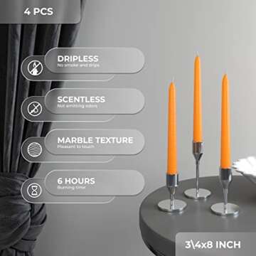 CANDWAX 8 inch Taper Candles Set of 4 - Tapered Candles Dripless and Unscented - Tall Candles Long Burning Perfect for Dinner, Party or Christmas Candles Decor - Orange Candles