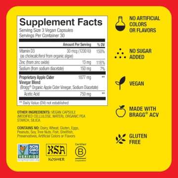 Bragg Apple Cider Vinegar Capsules with Vitamin D and Zinc - (2 Pack) 90 Capsules - Supports The Immune System