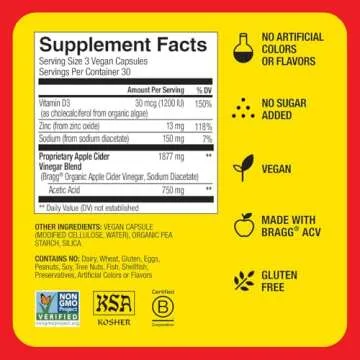 Bragg Apple Cider Vinegar Capsules with Vitamin D and Zinc - (2 Pack) 90 Capsules - Supports The Immune System