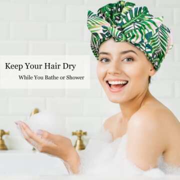 Luvruitaky Shower Cap for Women 2 PCS Luxury Shower Caps Reusable Waterproof Hair Cap for Shower with Adjustable Bowknot Hair Bath Cap (Stripe and Coconut Palm)