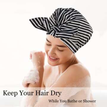 Luvruitaky Shower Cap for Women 2 PCS Luxury Shower Caps Reusable Waterproof Hair Cap for Shower with Adjustable Bowknot Hair Bath Cap (Stripe and Coconut Palm)