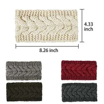 YSense 4 Pieces Ear Warmer Headband Women Winter Cable Knit Headband Twist Bowknot Ear Warmers Gifts Stocking Stuffers for Mom, A-Beige, Light Gray, Dark Gray, Black