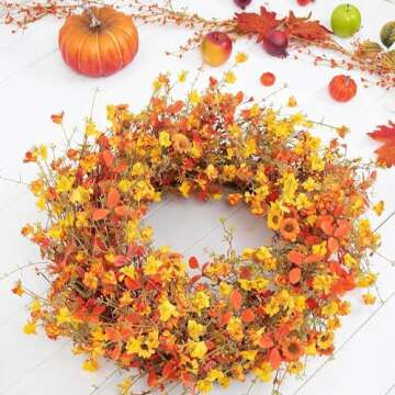 22 Inch Fall Wreaths for Front Door Artificial Orange Eucalyptus Berry Autumn Wreath with Daisy Jasm...