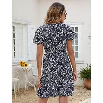 Naggoo Floral Dress for Women - Summer Wrap V Neck Ruffle Short Floral Dress